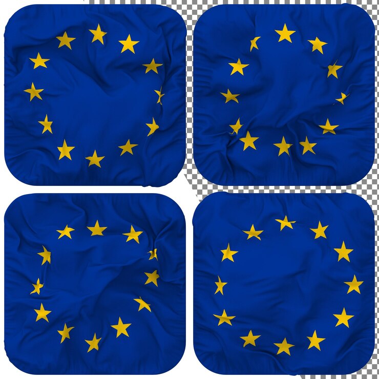 PSD forma di scudiero della bandiera dell'unione europea ue isolata rendering 3d di texture di bump di stile ondulatorio diverso