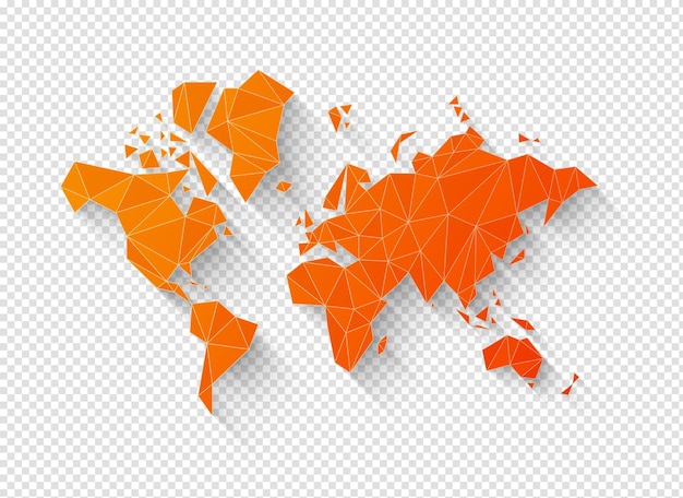 Forma de mapa del mundo naranja hecha de polígonos Ilustración 3D sobre fondo transparente