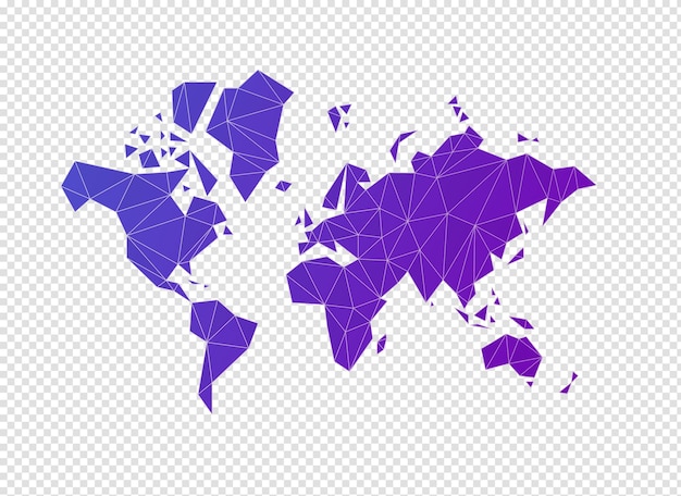 Forma de mapa del mundo púrpura hecha de ilustración 3D de polígonos sobre un fondo púrpura