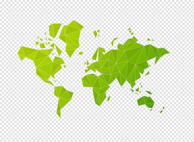 PSD forma de mapa del mundo verde hecha de polígonos ilustración 3d en un fondo transparente