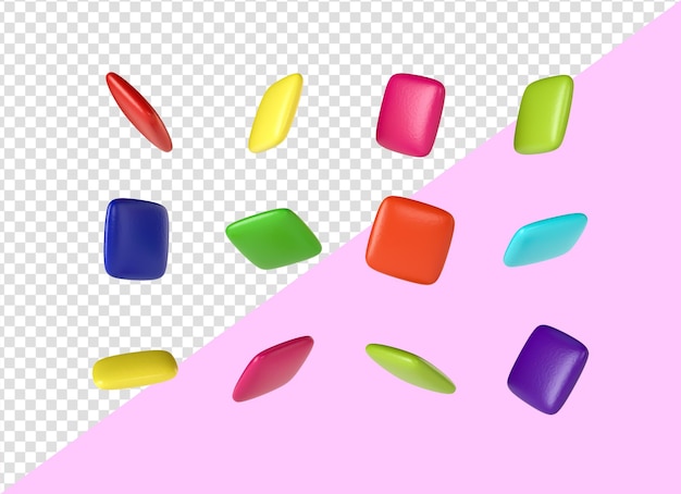 PSD forma quadrada de doce de cor pílulas coloridas de doces de chocolate fundo isolado vista superior ilustração 3d
