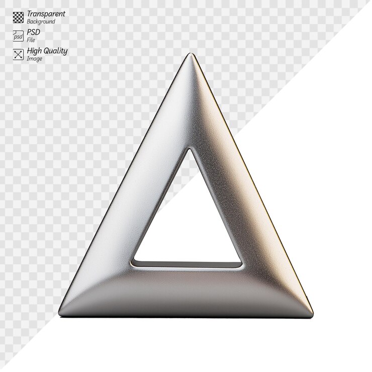 PSD forma triangular metálica con acabado liso sobre un fondo transparente