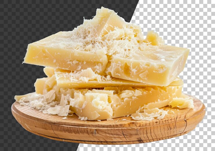 PSD formaggio parmigiano appena grattugiato su tavola da taglio in legno tagliato fuori stock png