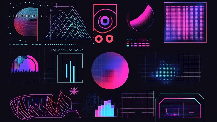 PSD formas geométricas de neón abstractas y visualizaciones de datos en fondo oscuro