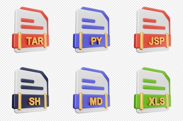format de fichier 3d type icône ensemble de paquets tar py jsp sh md xls