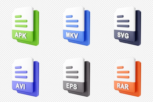 format de fichier 3d type d'icône set bundle apk mkv svg avi eps rar