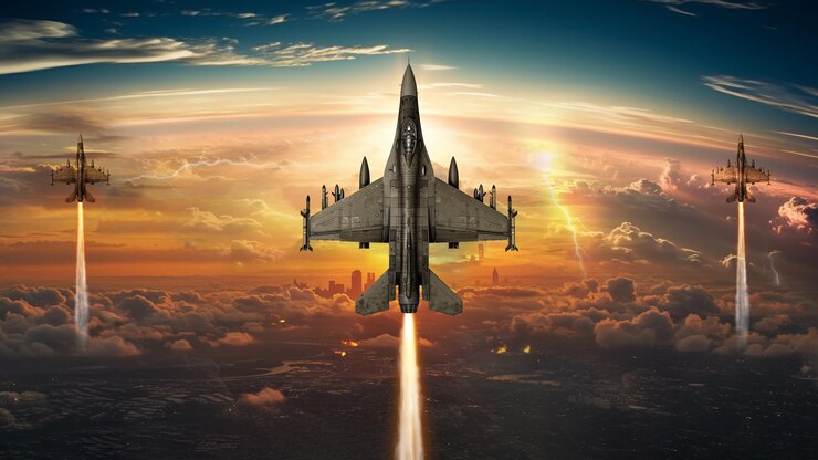 PSD formation of fighter jets soaring at sunset
