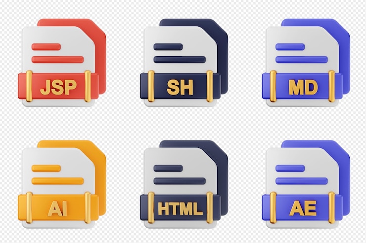 PSD formato de archivo 3d tipo conjunto de íconos paquete jsp sh md ai html ae