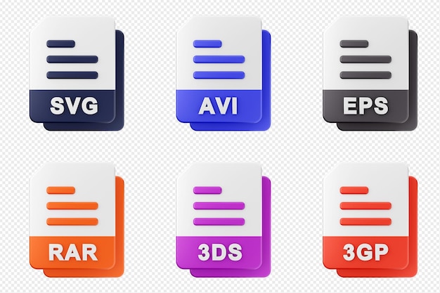 Formato de archivo 3d tipo icono conjunto paquete svg avi eps rar 3ds 3gp