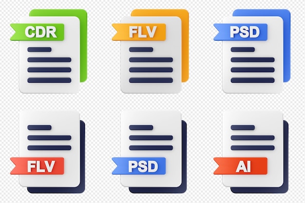 Formato di file 3D tipo icona set bundle cdr flv psd ai