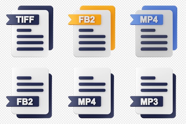 Formato di file 3d tipo icona set bundle tiff fb2 mp4 mp3