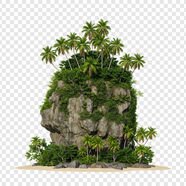 Formazione rocciosa di un'isola tropicale con vegetazione lussureggiante e palme