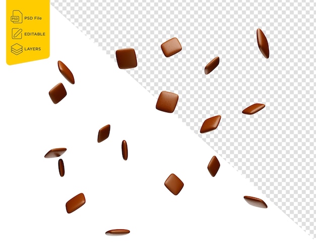PSD forme carrée de bonbons enrobés de chocolat brun volant dans l'illustration 3d de l'air