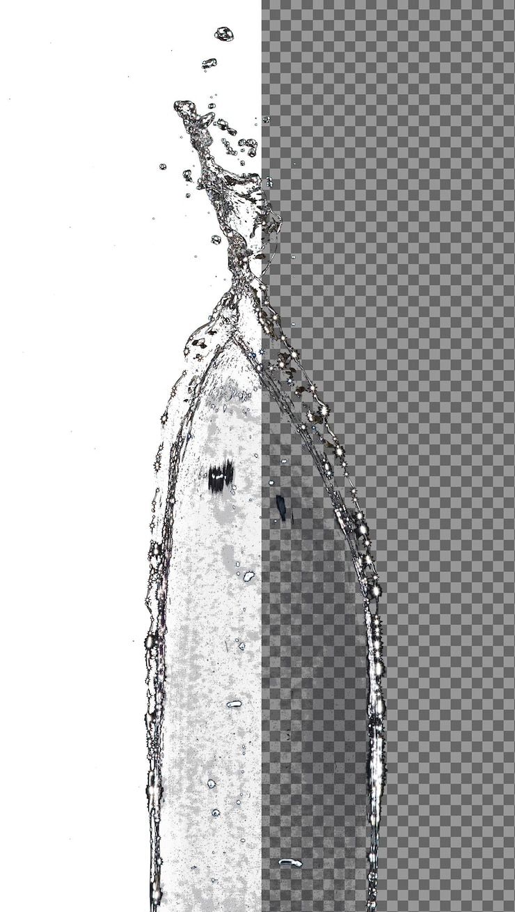 PSD forme de forme coulée de la ligne d'eau tomber sur le tube de l'eau de pin dans l'air et arrêter le mouvement geler le tir coulez jetez l'eau pour la texture de la ligne de forme éléments de ressource graphique fond noir isolé