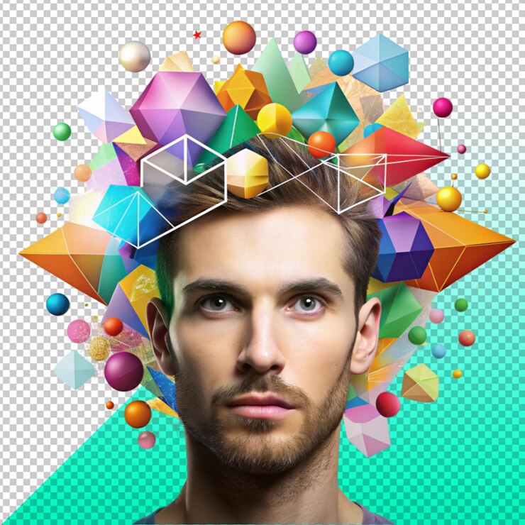 PSD forme geometriche colorate che circondano la testa di un uomo su uno sfondo trasparente