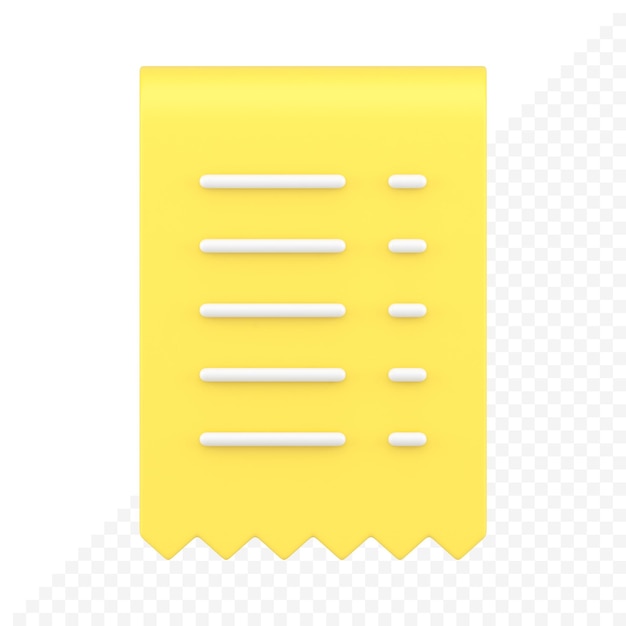 PSD formulaire de reçu d'impôt en lambeaux jaune brillant réaliste vue de face icône 3d d'informations sur les données bancaires