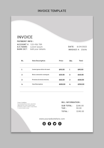 PSD formulario de facturas de diseño de plantilla de factura interior