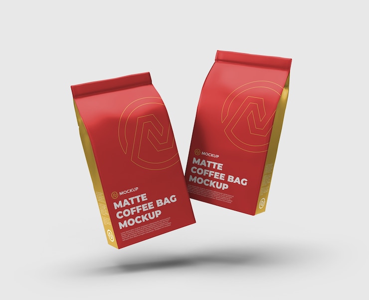 PSD fosco coffee bag float maquete float front view