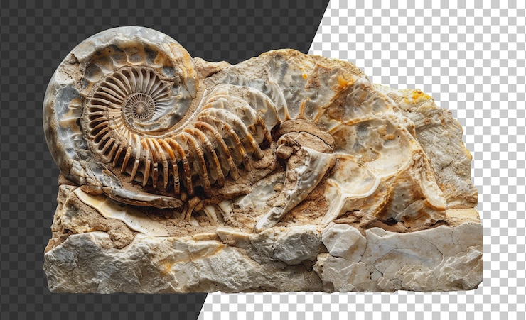 PSD fossile d'ammonite spirale intégré dans la roche découpée png