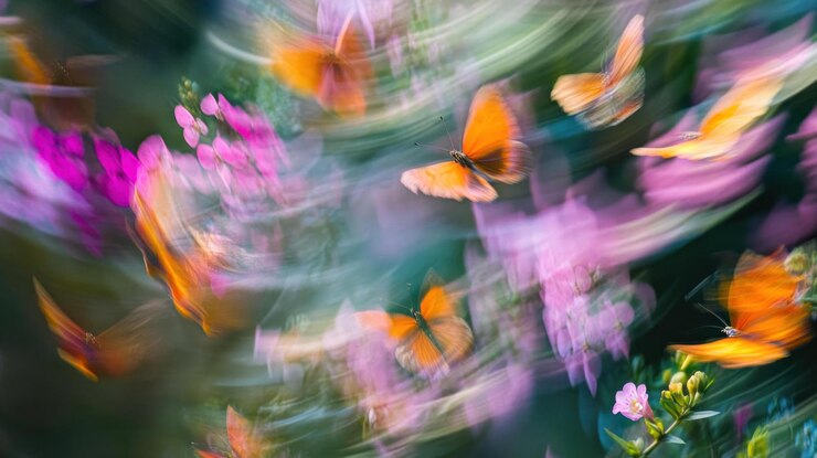 PSD foto abstrata de borboletas e flores com desfocamento de movimento
