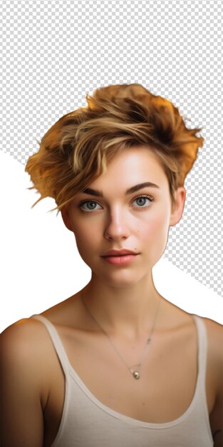 PSD una foto amplia de una mujer joven y hermosa de pelo corto.