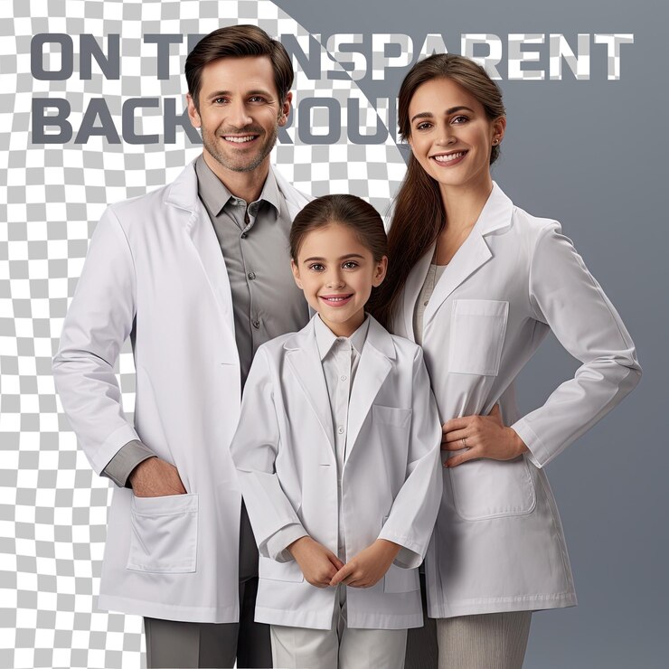 PSD foto de una atractiva familia de médicos, mujeres, pacientes, consultas, radiantes, amigables, sonrientes, virología confiable.