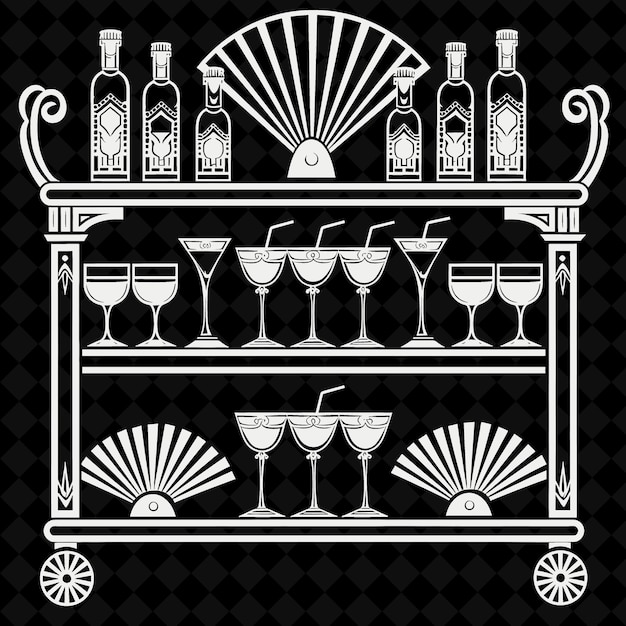 Una foto en blanco y negro de una barra con una botella de vino y vasos