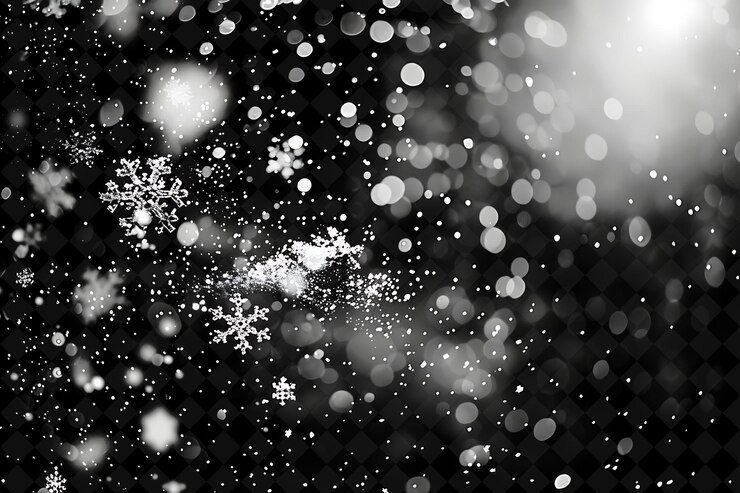 PSD una foto en blanco y negro de copos de nieve cayendo de un árbol