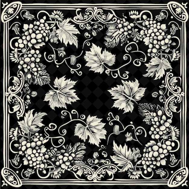 Una foto en blanco y negro de un diseño floral con flores y hojas