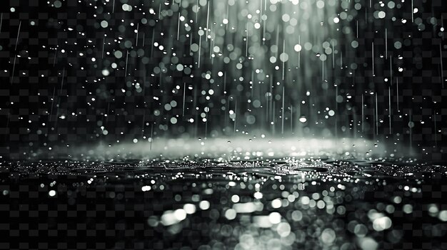 Una foto en blanco y negro de gotas de agua con una luz en el fondo