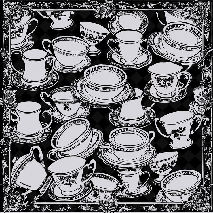 PSD una foto en blanco y negro de tazas y platillos de té