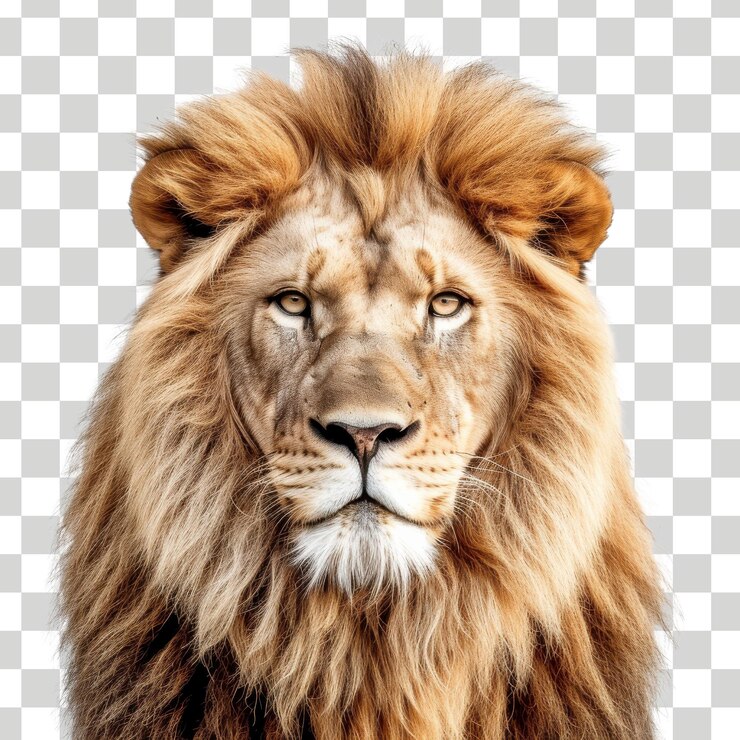 una foto de una cabeza de león y las palabras león en un fondo a cuadros