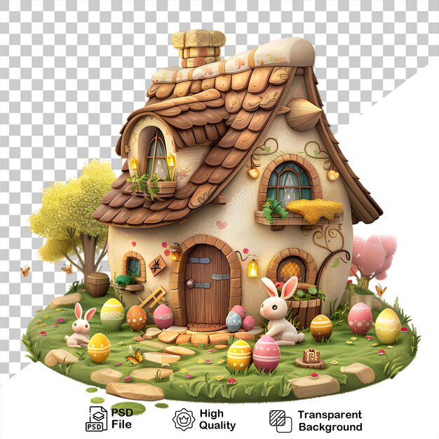 Una foto de una casa con un conejo y huevos en ella sin fondo