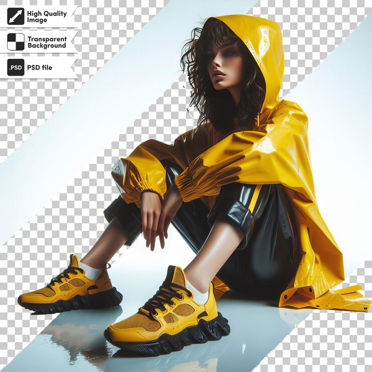 PSD una foto de una chica de amarillo con un impermeable amarillo