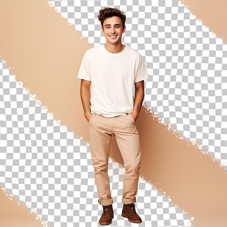 PSD foto de corpo inteiro de jovem encantador alegre e positivo segurando as mãos bolsos isolados em fundo de cor bege isolados em fundo transparente