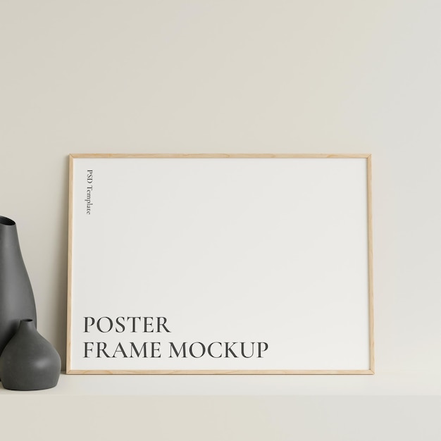 Foto de madeira horizontal de vista frontal minimalista ou maquete de quadro de pôster encostado na parede na mesa com renderização em 3d de vaso