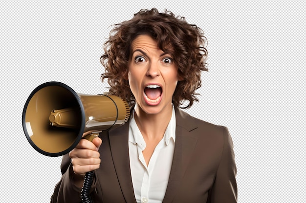 Foto de mulher segurando um megafone ou alto-falante em suas mãos sem fundo