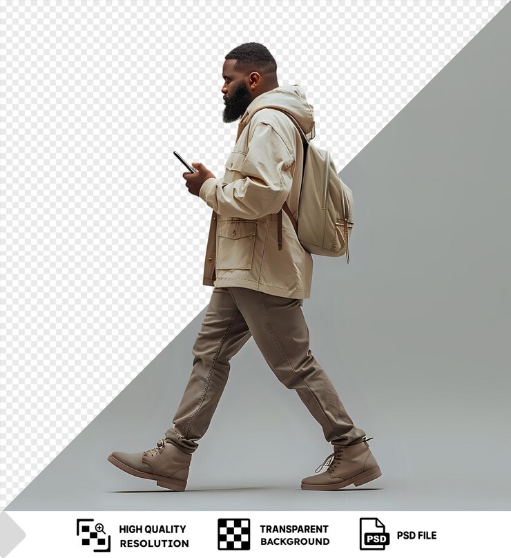 PSD foto de perfil de comprimento completo de um homem caminhando e olhando para um telefone celular