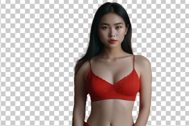 PSD foto de um belo corpo magro de uma mulher asiática em um estúdio filmado em fundo vermelho