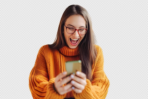 Foto de uma jovem chocada a usar telemóvel