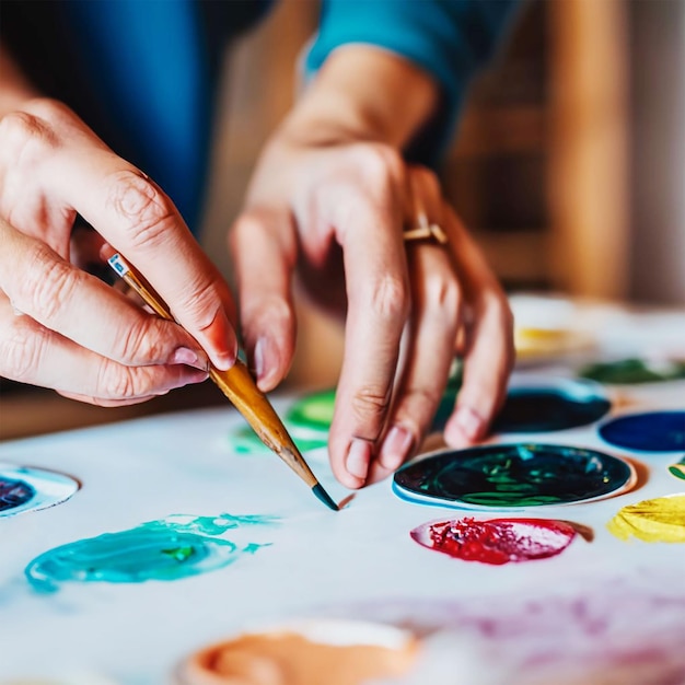 PSD foto de uma jovem elegante desenhando com tintas no interior da casa