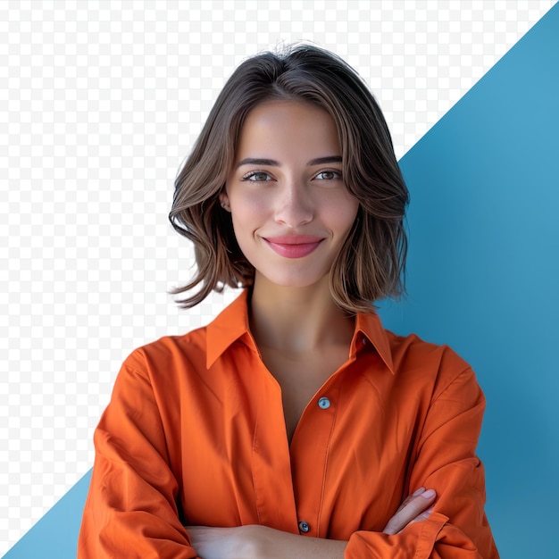 PSD foto de uma mulher atraente e encantadora com cabelos curtos, braços cruzados, pessoa autoconfiante, trabalhadora, sorriso amigável, bom humor, camisa de escritório laranja, cor azul isolada, fundo isolado.