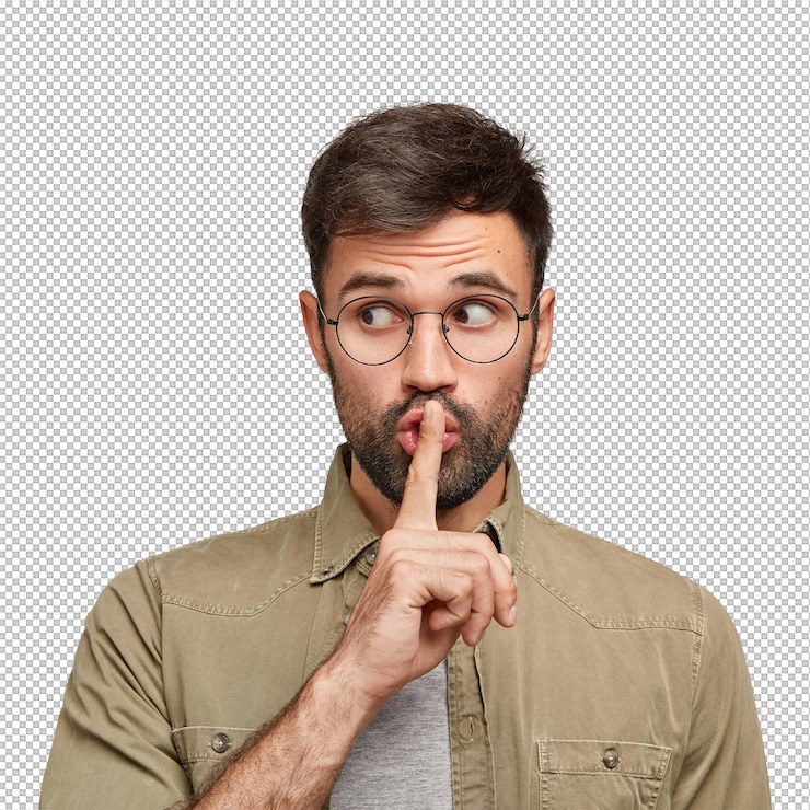 PSD foto di giovane segreto fa silenzio gesto sembra sorprendentemente a parte