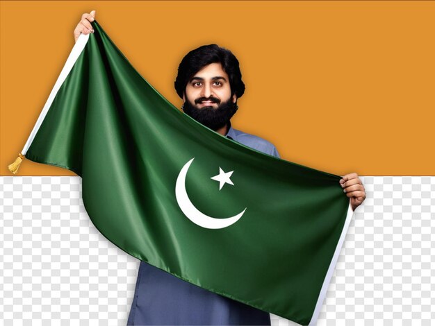foto di un cittadino pakistano che tiene una bandiera pakistana su uno sfondo bianco isolato