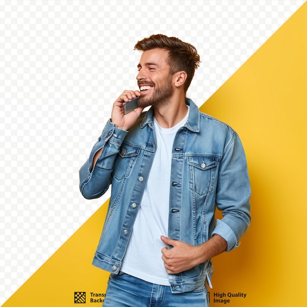 PSD foto eines netten, fröhlichen, freundlichen mannes, der denim trägt, eine trendige outfit trägt, spricht, kommuniziert, videoanruf, isoliert auf einem leuchtend gelben hintergrund.