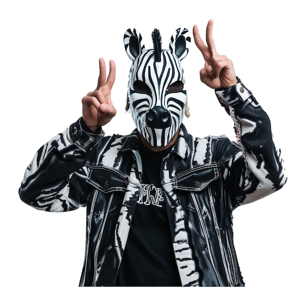 Foto em tamanho real de um cara absurdo e estranho com máscara de zebra, tema de dança, evento festivo, handsup.