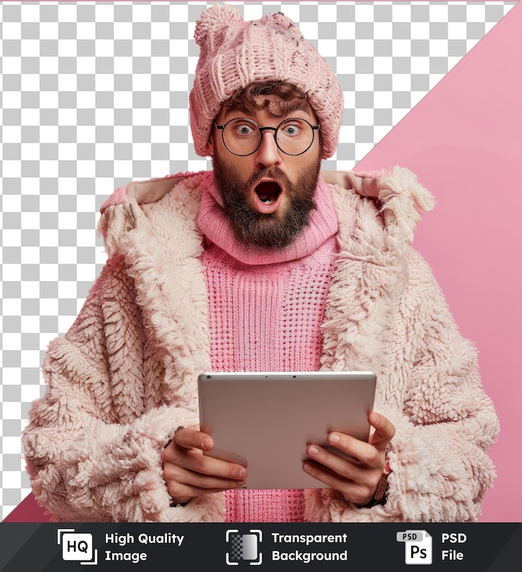 PSD foto de estudio de psd transparente de alta calidad de un hombre sorprendido mirando una tableta con un sombrero de paja gafas negras y barba negra con una pared rosada en el fondo