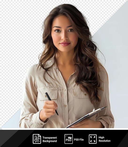 Foto de estudio única aislada de una mujer de negocios latina tomando notas en un bloc de notas mientras está de pie frente a una pared blanca tiene el cabello largo marrón un ojo marrón y una nariz grande