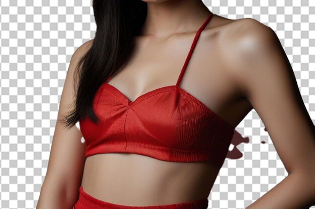 Foto del hermoso cuerpo delgado de una mujer asiática en un estudio filmado en fondo rojo