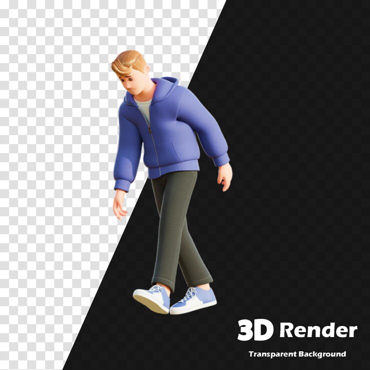 PSD una foto de un hombre con una chaqueta azul y pantalones negros con las palabras 3d 3d